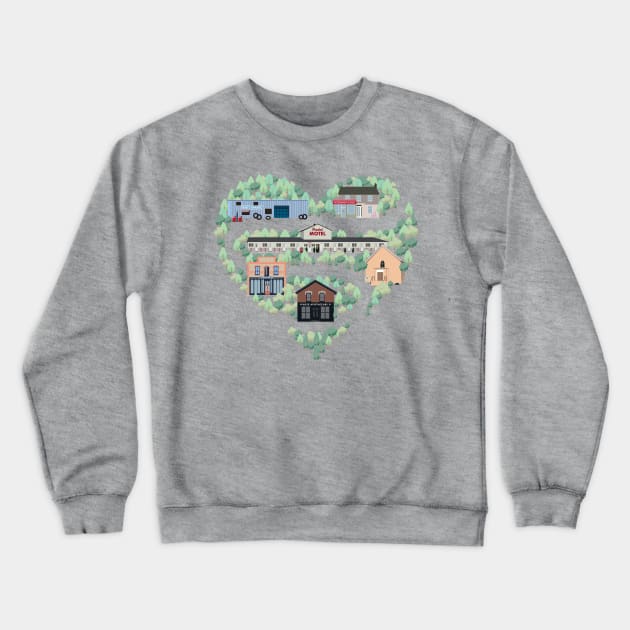 I Love the Town of Schitt's Creek, where everyone fits in. From the Rosebud Motel to Rose Apothecary, a drawing of the Schitt's Creek Buildings Crewneck Sweatshirt by YourGoods